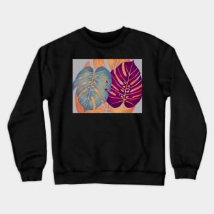 MONSTERA LEAVES - Orange, Magenta, & Blue Swiss Cheese Leafs On Gray Crewneck Sweatshirt